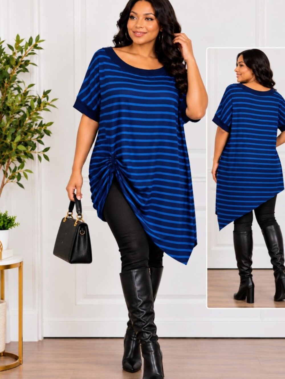 Gabrielle Union Black &Royal Blue Striped Side Ruching Tunic Fashion Top Size Xl